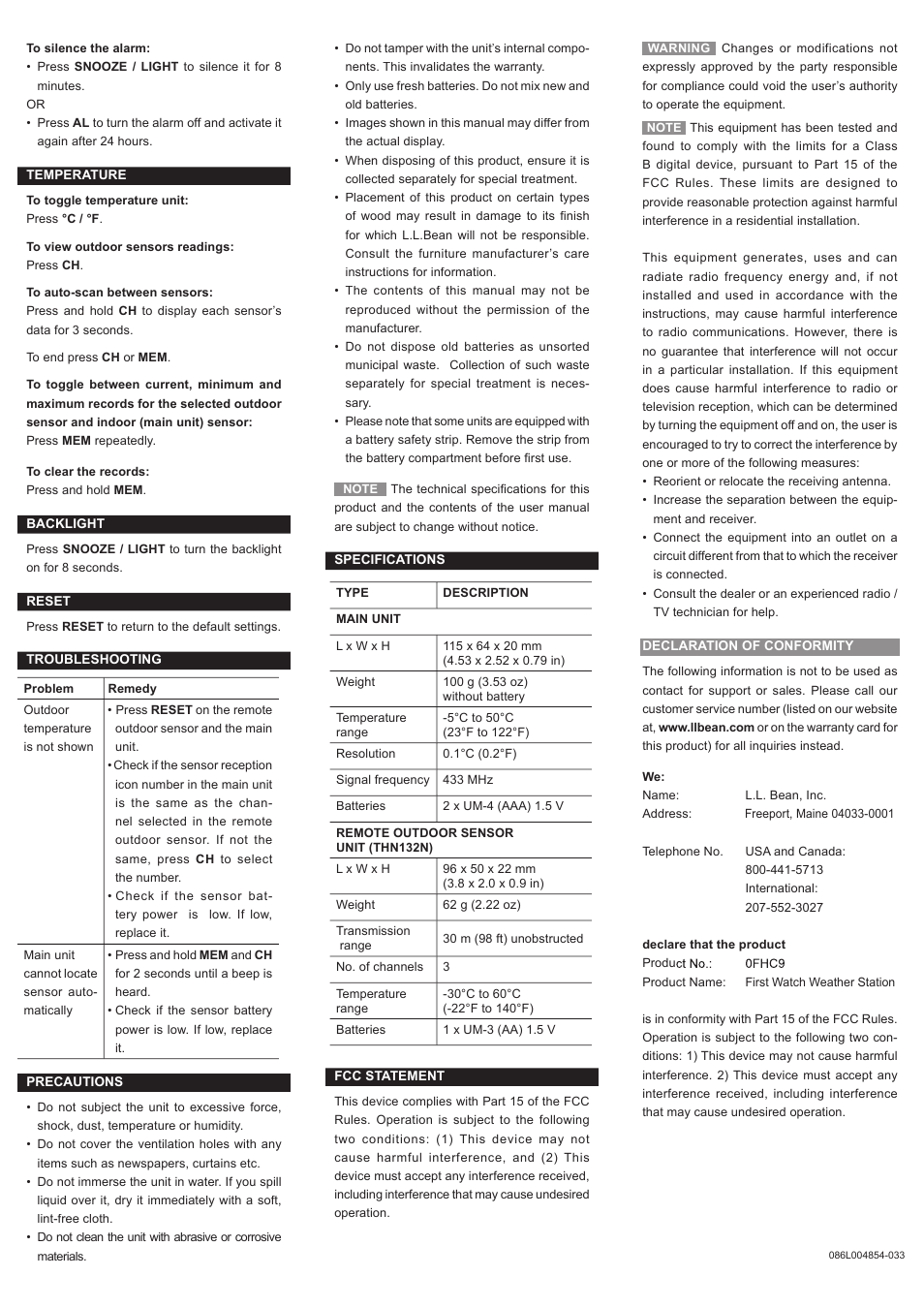 L.L. Bean First Watch Weather Station 0FHC9 User Manual | Page 2 / 2