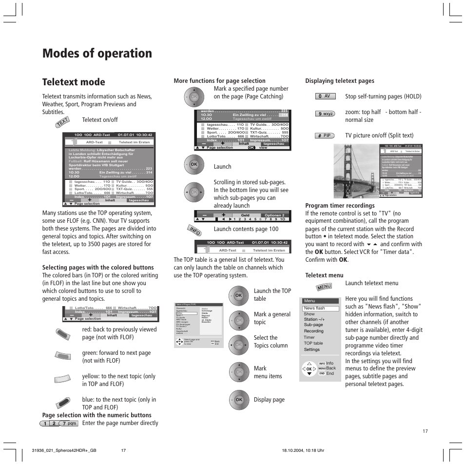 Modes of operation, Teletext mode | Loewe 42 HD/DR+ User Manual | Page 17 / 42