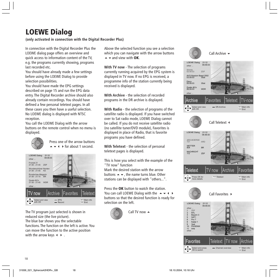 Loewe dialog, Tv now, Archive | Favorites, Teletext, Tv-now | Loewe 42 HD/DR+ User Manual | Page 18 / 42