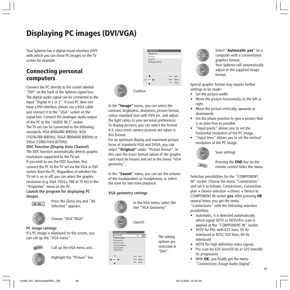 Displaying pc images (dvi/vga), Connecting personal computers | Loewe 42 HD/DR+ User Manual | Page 29 / 42