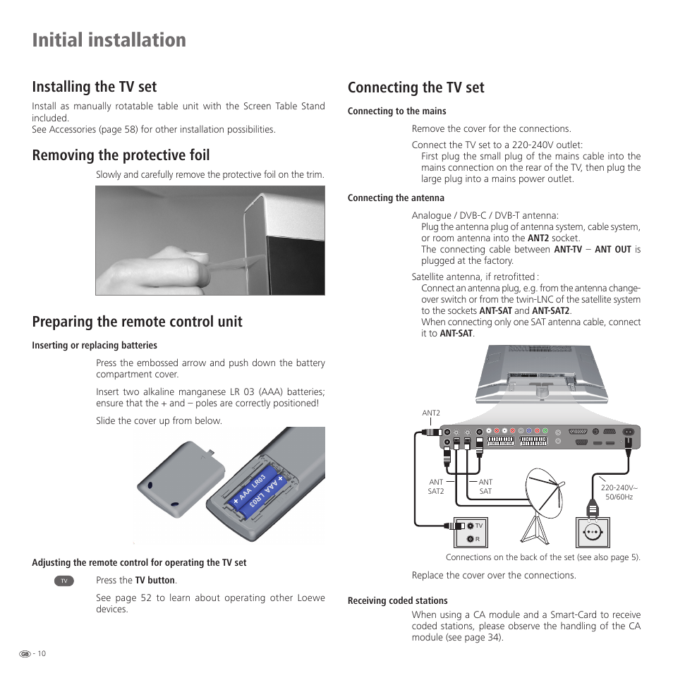 Initial installation, Installing the tv set, Removing the protective foil | Preparing the remote control unit, Connecting the tv set | Loewe 32959022 User Manual | Page 10 / 64