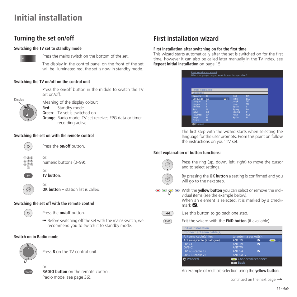Initial installation, Turning the set on/off, First installation wizard | Loewe 32959022 User Manual | Page 11 / 64