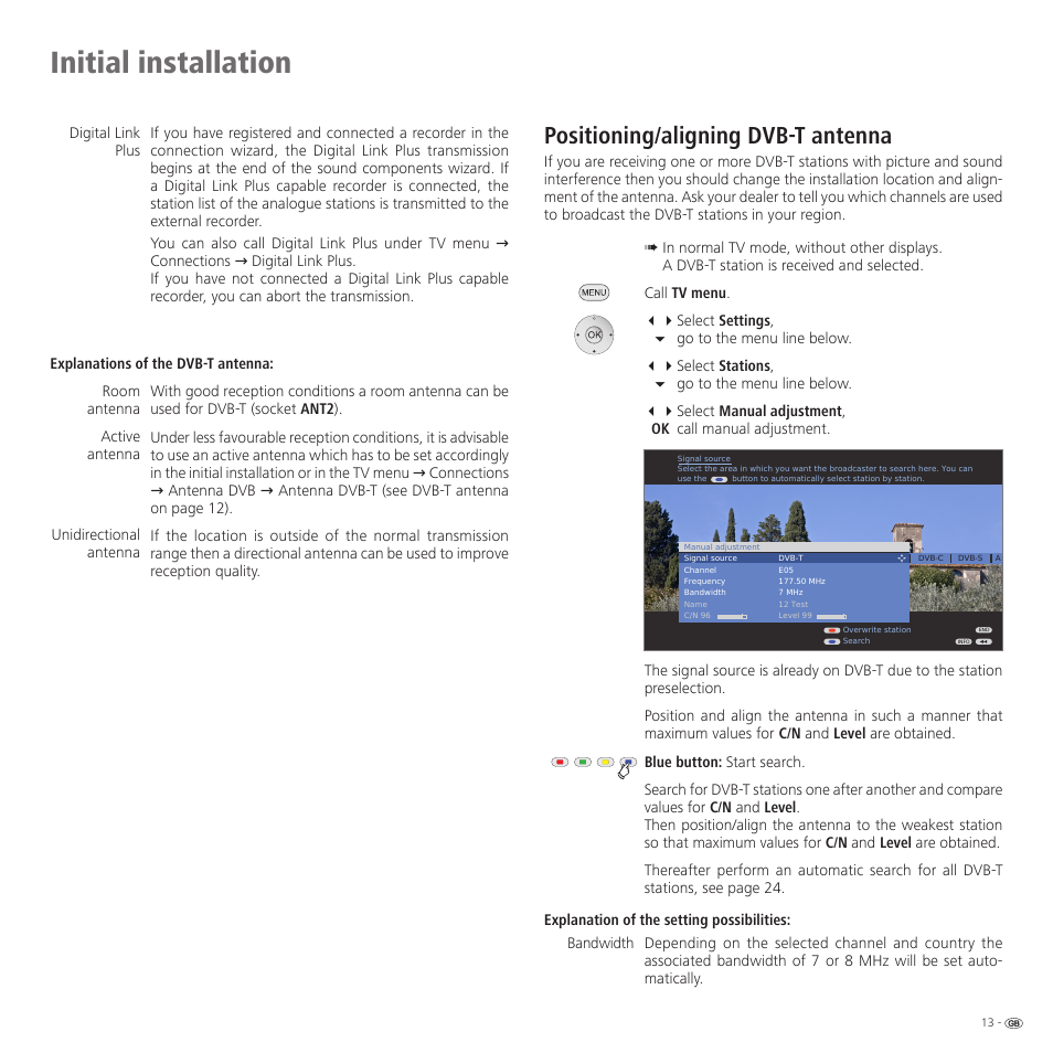 Initial installation, Positioning/aligning dvb-t antenna | Loewe 32959022 User Manual | Page 13 / 64