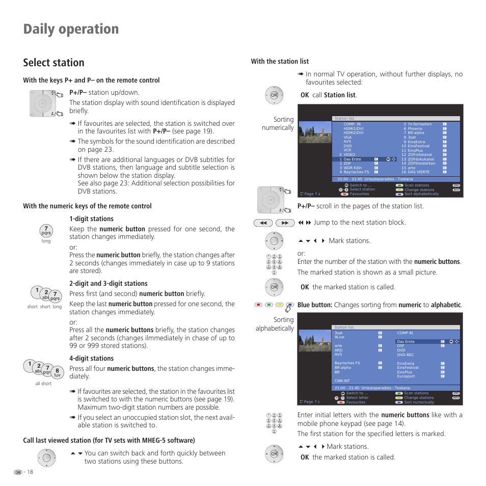 Daily operation, Select station, Sorting numerically sorting alphabetically | Loewe 32959022 User Manual | Page 18 / 64