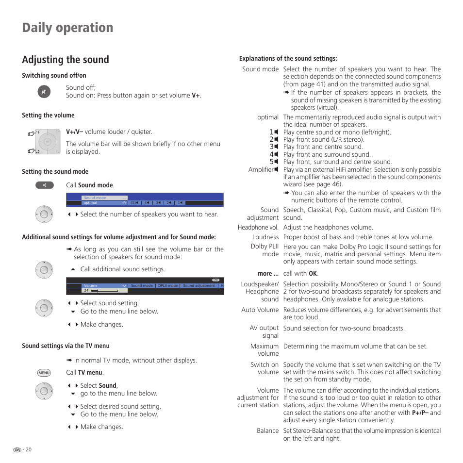 Daily operation, Adjusting the sound | Loewe 32959022 User Manual | Page 20 / 64