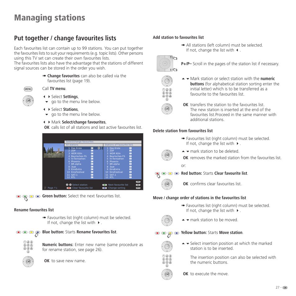 Managing stations, Put together / change favourites lists | Loewe 32959022 User Manual | Page 27 / 64