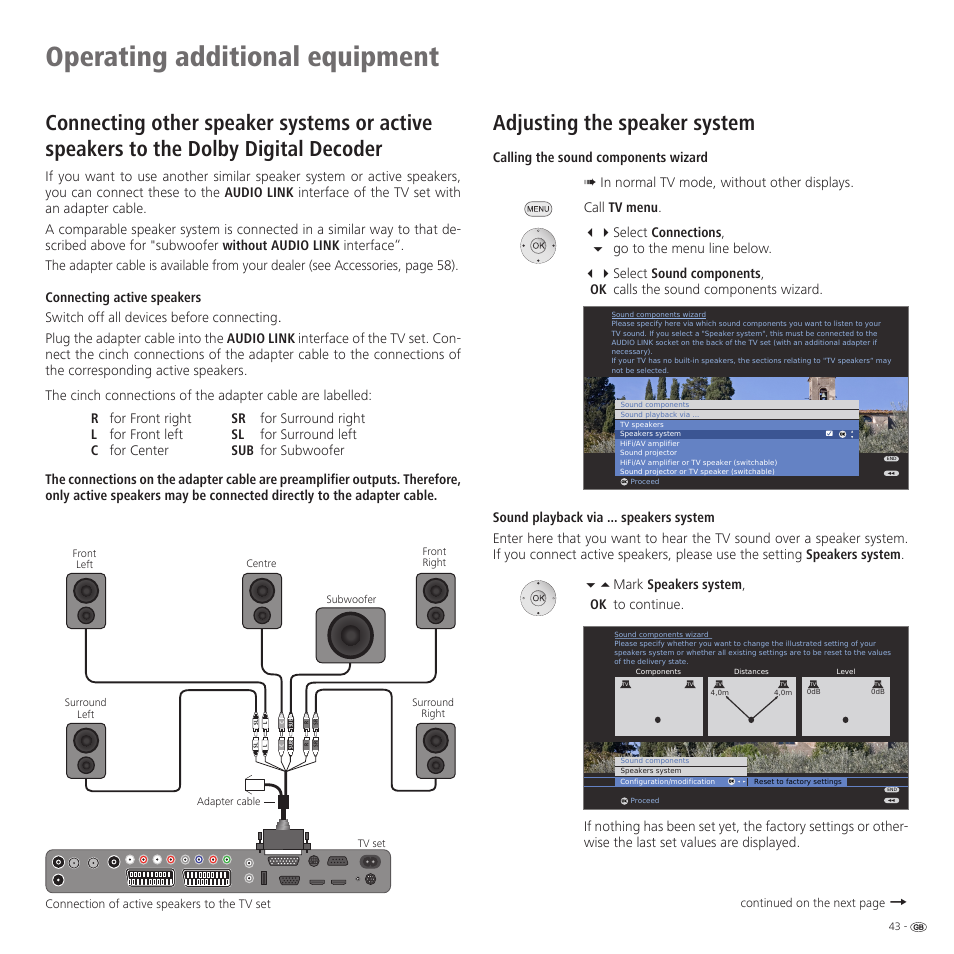 Operating additional equipment, Adjusting the speaker system | Loewe 32959022 User Manual | Page 43 / 64