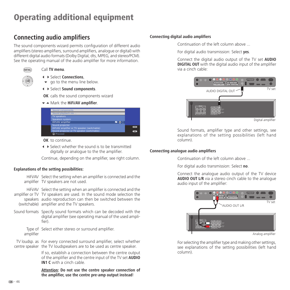 Operating additional equipment, Connecting audio amplifiers | Loewe 32959022 User Manual | Page 46 / 64