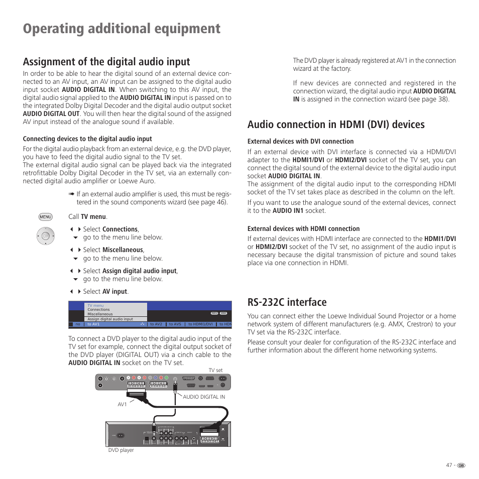 Operating additional equipment, Assignment of the digital audio input, Audio connection in hdmi (dvi) devices | Rs-232c interface, Pcm/mpeg2/ac3/dts | Loewe 32959022 User Manual | Page 47 / 64