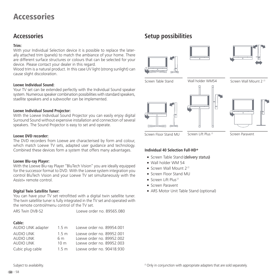 Accessories, Setup possibilities | Loewe 32959022 User Manual | Page 58 / 64