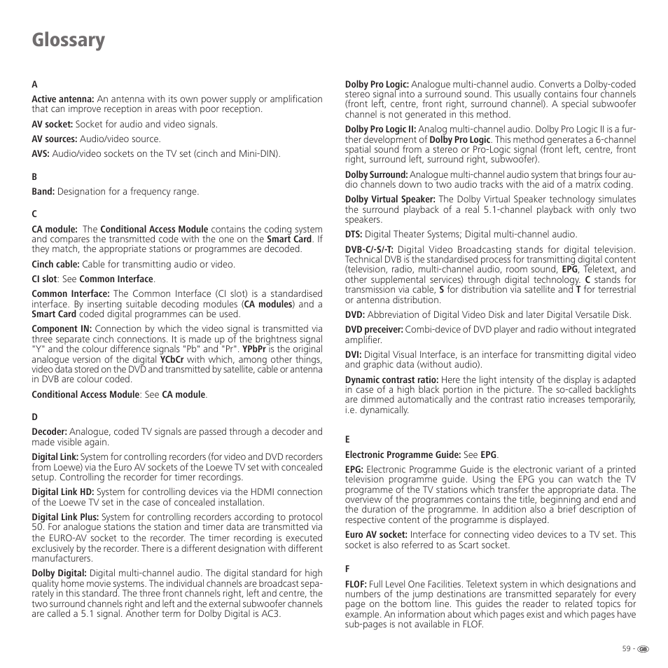 Glossary | Loewe 32959022 User Manual | Page 59 / 64
