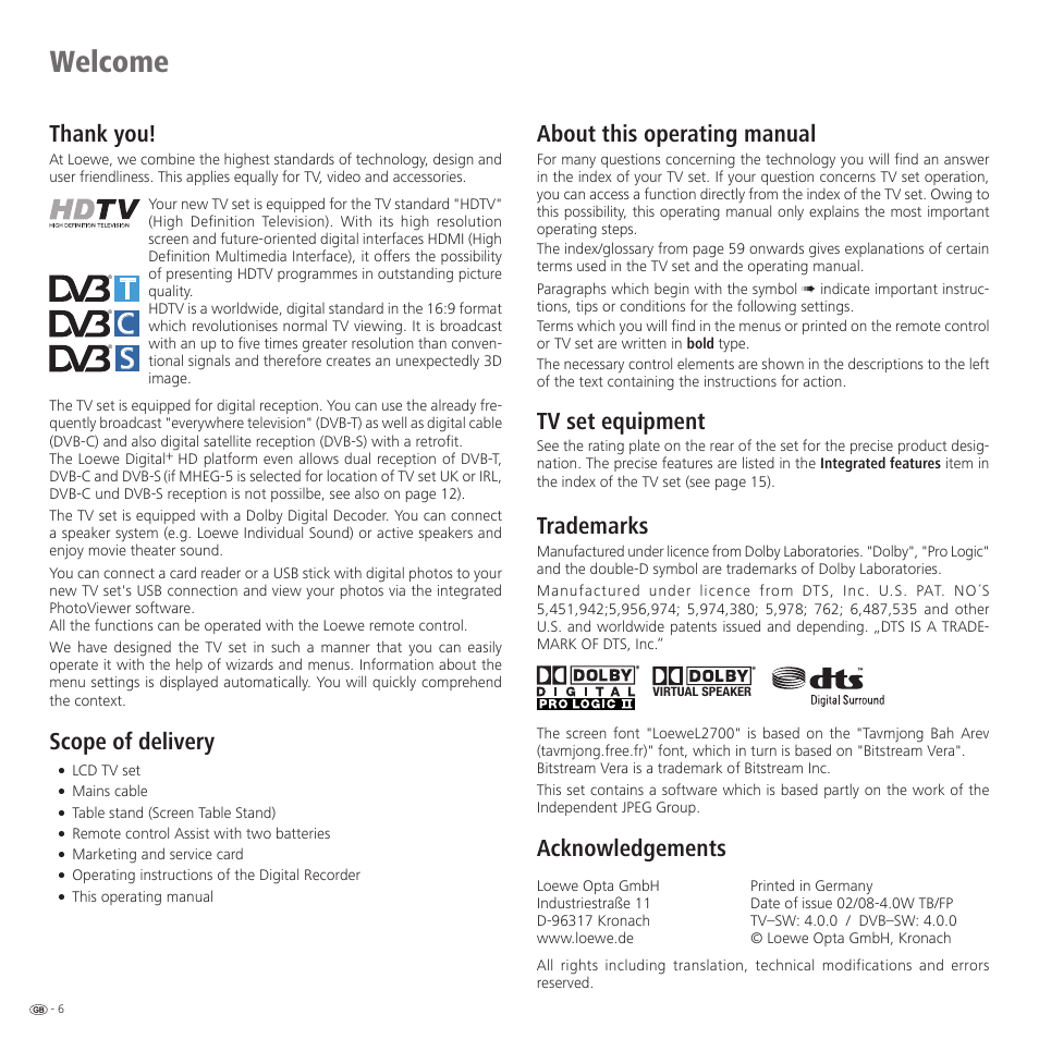 Welcome, Scope of delivery, About this operating manual | Tv set equipment, Trademarks, Acknowledgements | Loewe 32959022 User Manual | Page 6 / 64