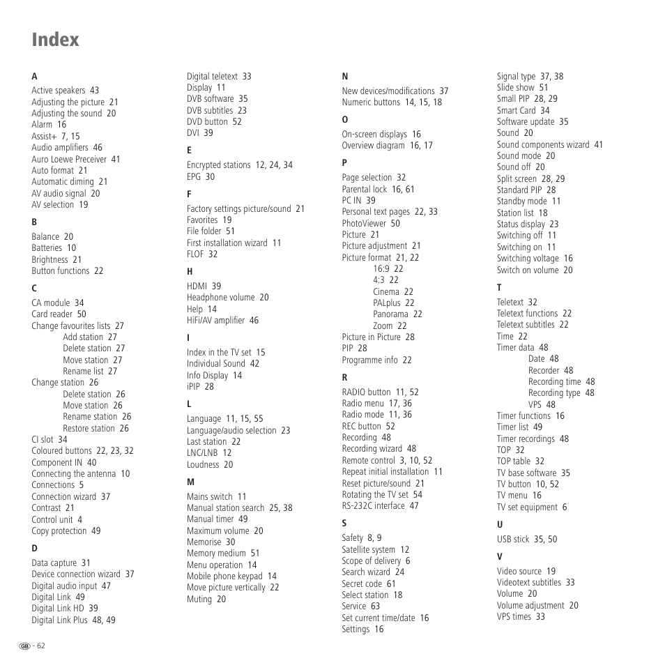 Index | Loewe 32959022 User Manual | Page 62 / 64