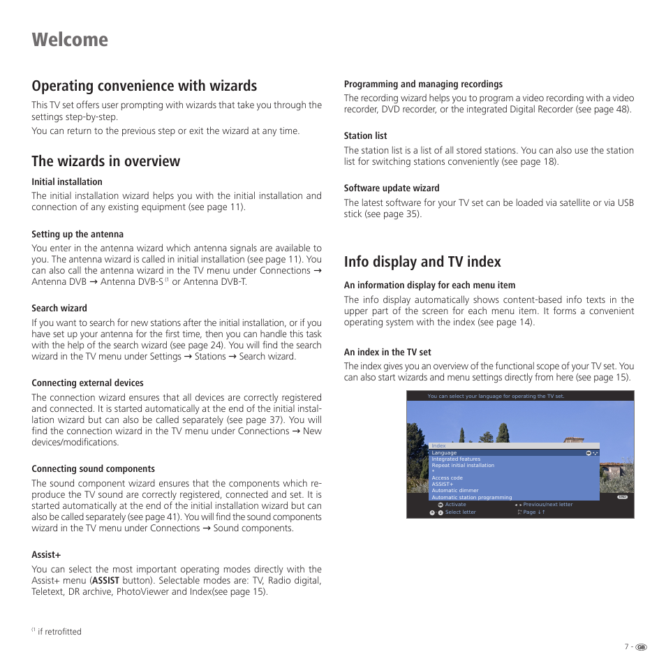 Welcome, Operating convenience with wizards, The wizards in overview | Info display and tv index | Loewe 32959022 User Manual | Page 7 / 64
