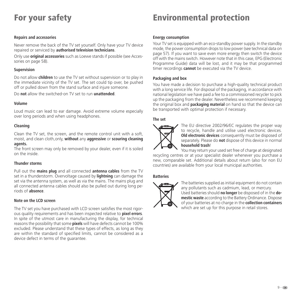 For your safety, Environmental protection | Loewe 32959022 User Manual | Page 9 / 64