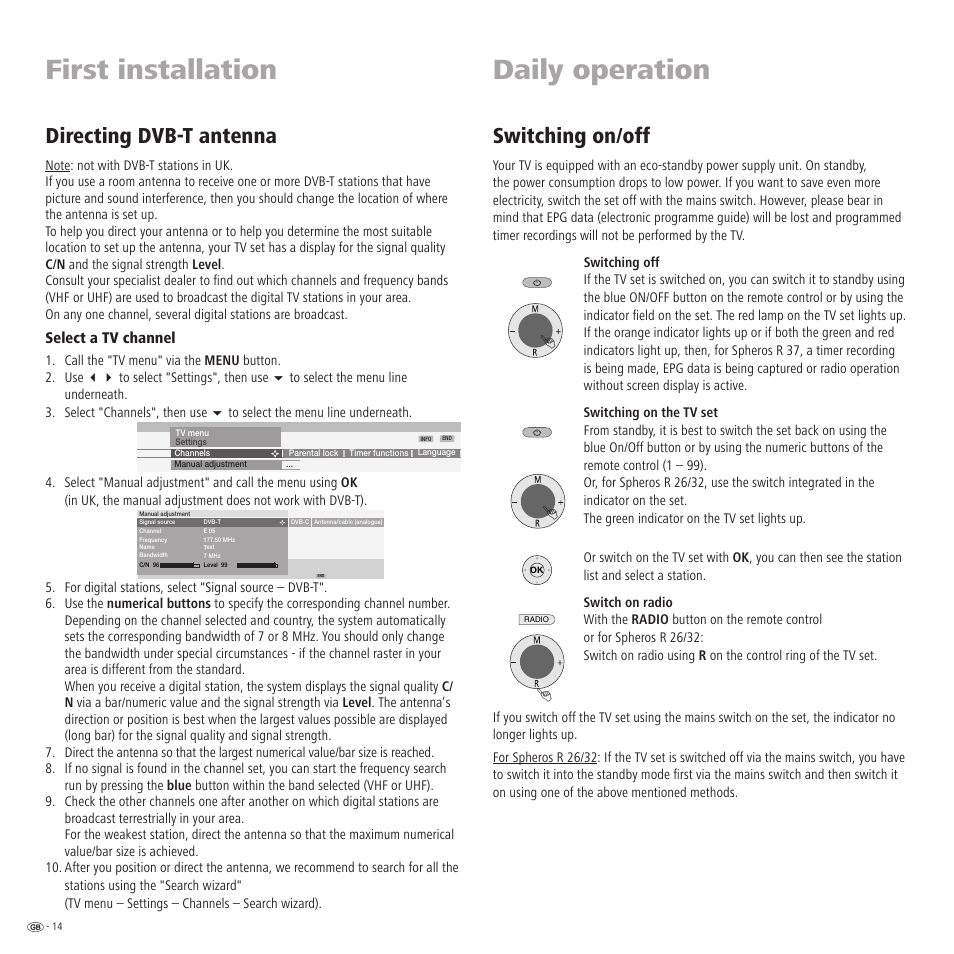 First installation, Daily operation, Switching on/off | Directing dvb-t antenna | Loewe R 32 User Manual | Page 14 / 52