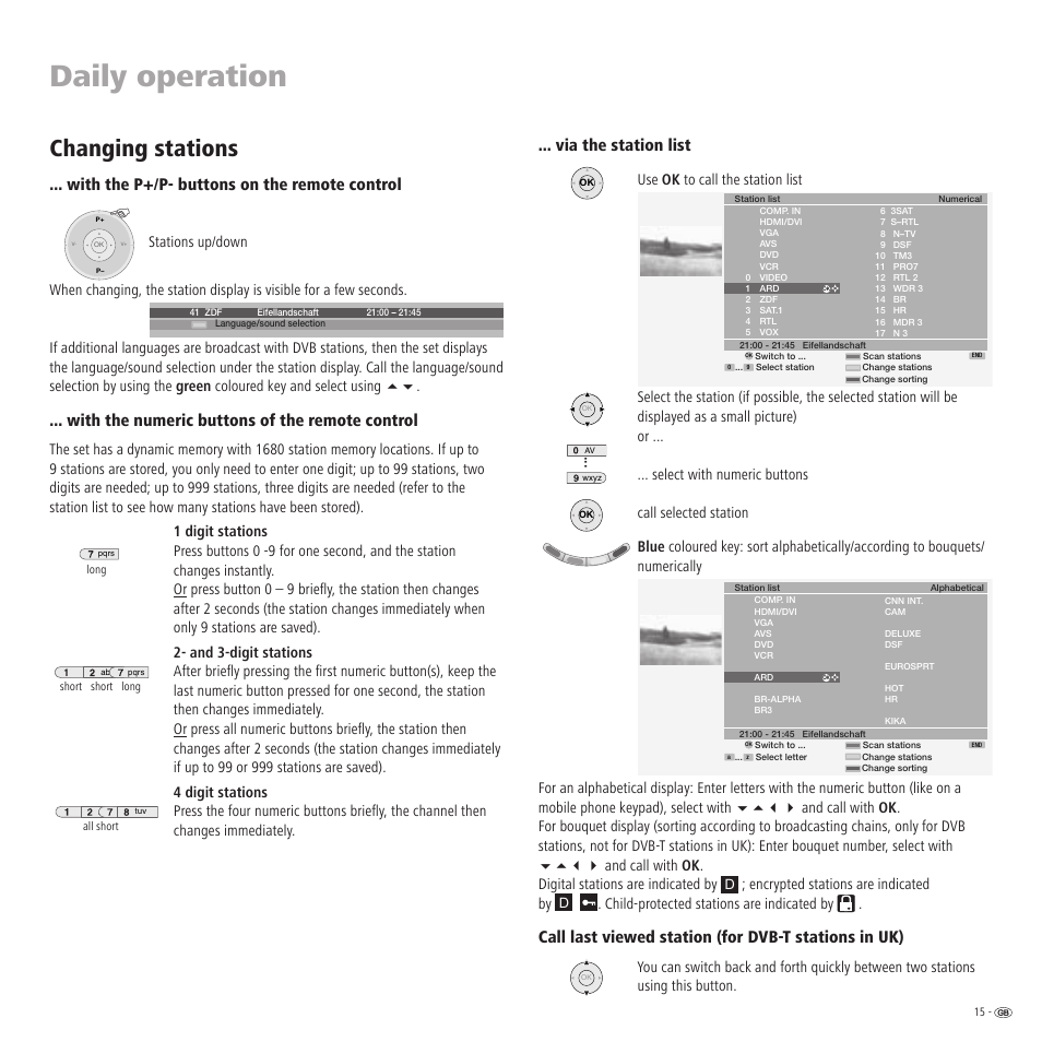 Daily operation, Changing stations, With the p+/p- buttons on the remote control | With the numeric buttons of the remote control, Via the station list, Encrypted stations are indicated by, Child-protected stations are indicated by | Loewe R 32 User Manual | Page 15 / 52