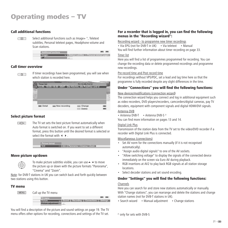 Operating modes – tv, Call additional functions, Call timer overview | Select picture format, Move picture up/down, Tv menu | Loewe R 32 User Manual | Page 21 / 52