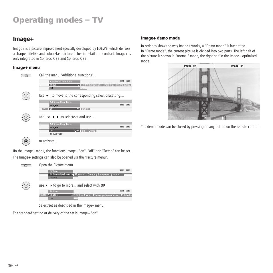 Operating modes – tv, Image, Image+ demo mode | Image+ menu | Loewe R 32 User Manual | Page 24 / 52