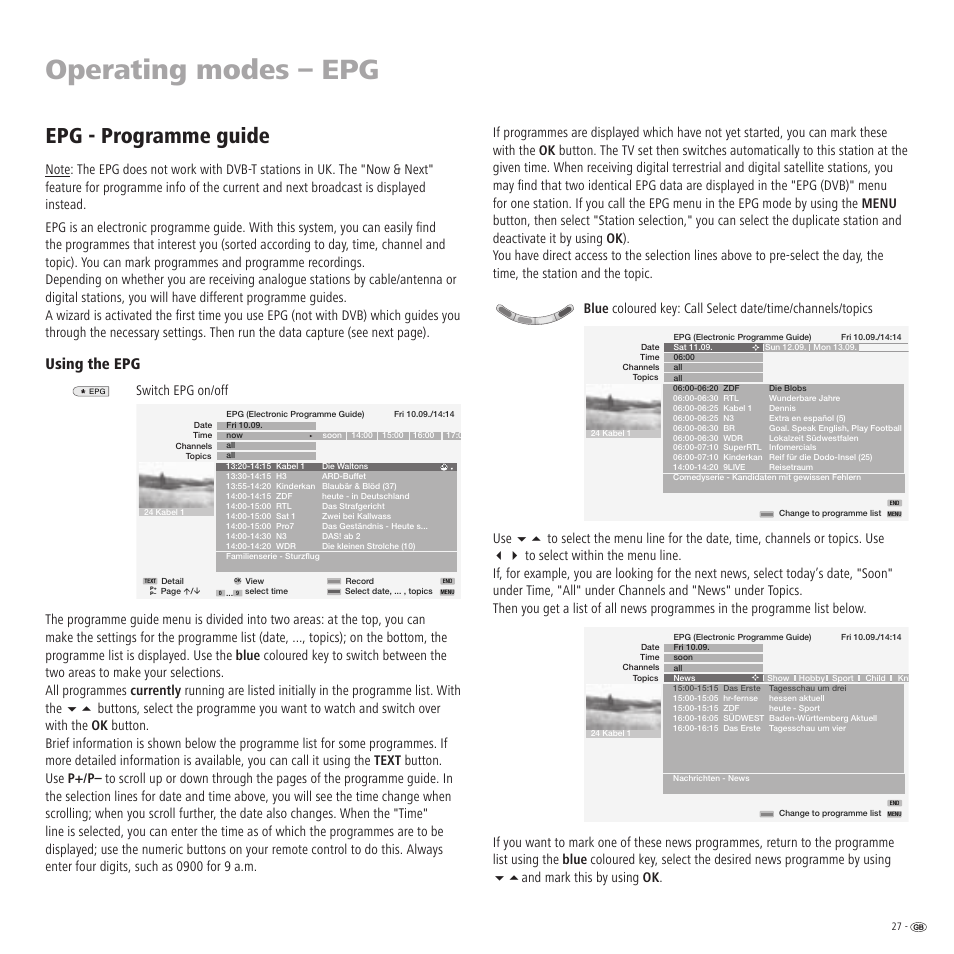 Operating modes – epg, Epg - programme guide, Using the epg | Loewe R 32 User Manual | Page 27 / 52