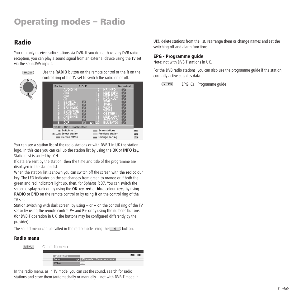 Operating modes – radio, Radio, Radio menu | Epg - programme guide | Loewe R 32 User Manual | Page 31 / 52
