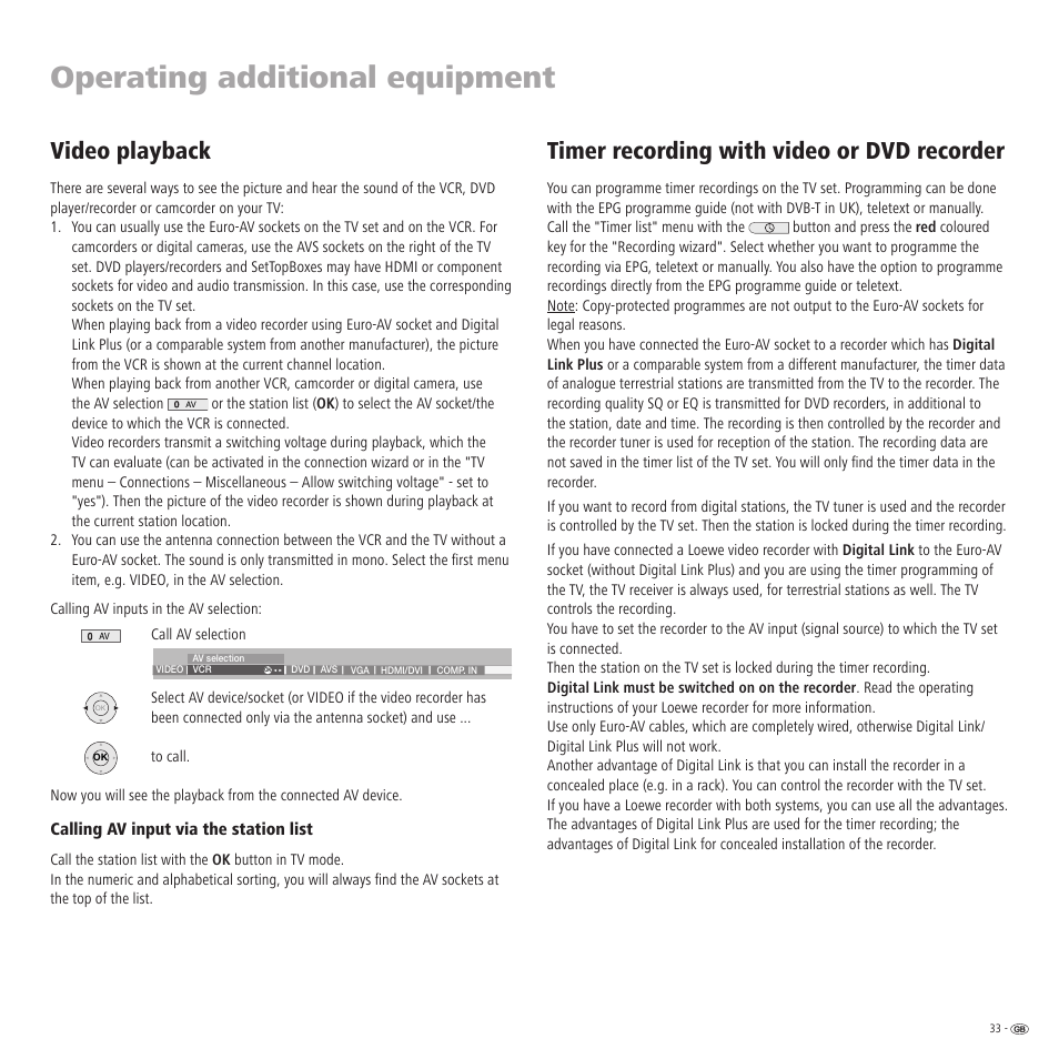 Operating additional equipment, Timer recording with video or dvd recorder, Video playback | Loewe R 32 User Manual | Page 33 / 52
