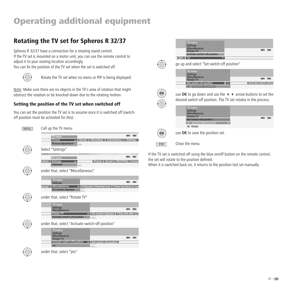 Operating additional equipment, Rotating the tv set for spheros r 32/37 | Loewe R 32 User Manual | Page 41 / 52