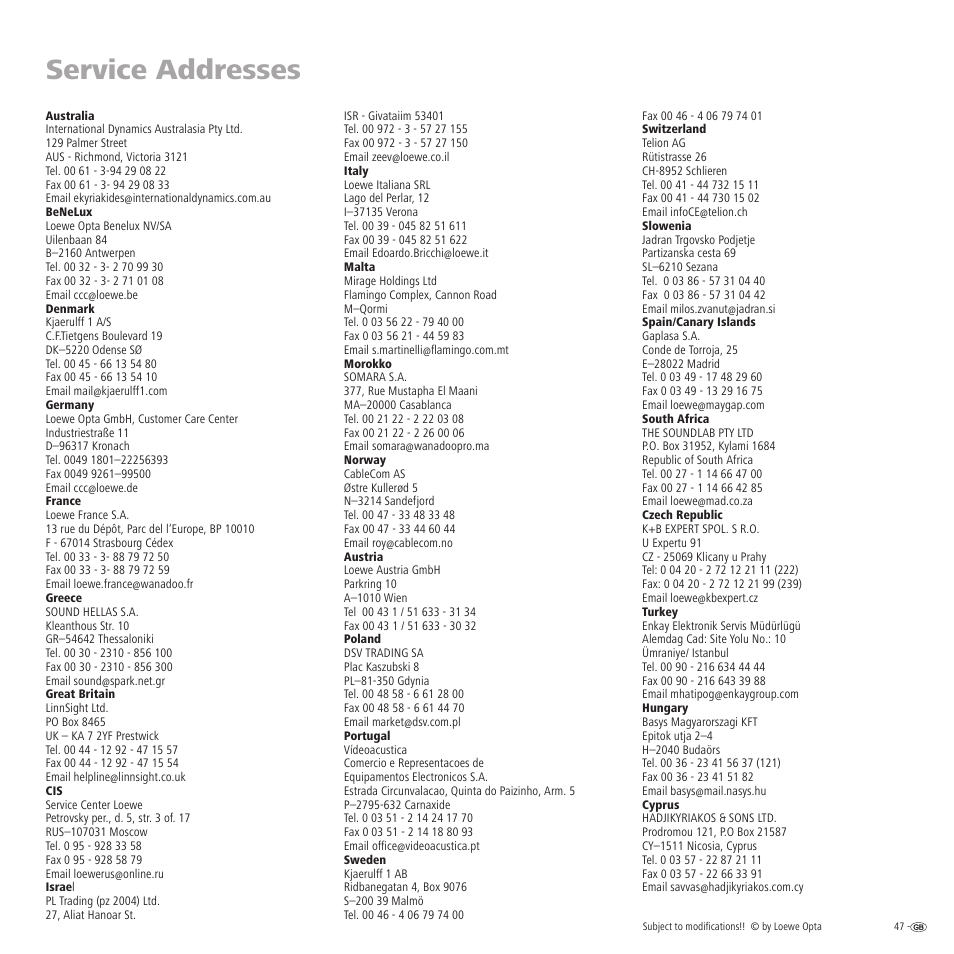 Service addresses | Loewe R 32 User Manual | Page 47 / 52