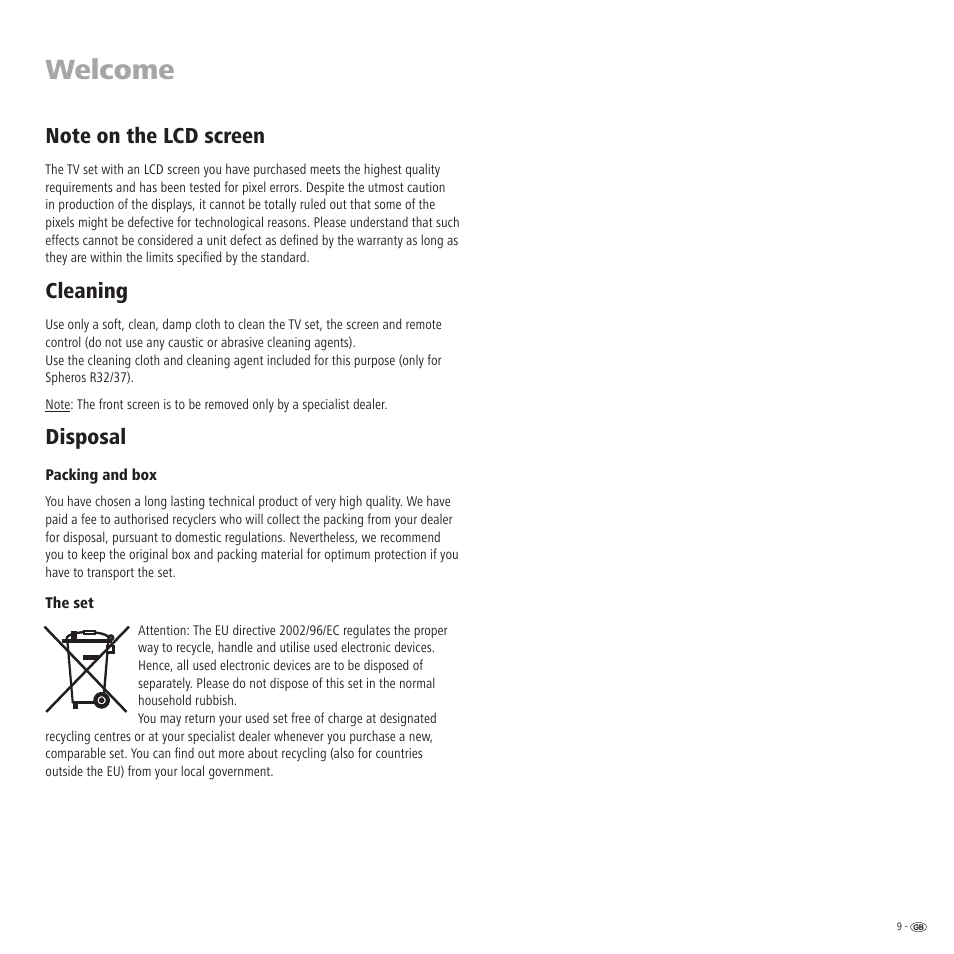 Welcome, Cleaning, Disposal | Loewe R 32 User Manual | Page 9 / 52
