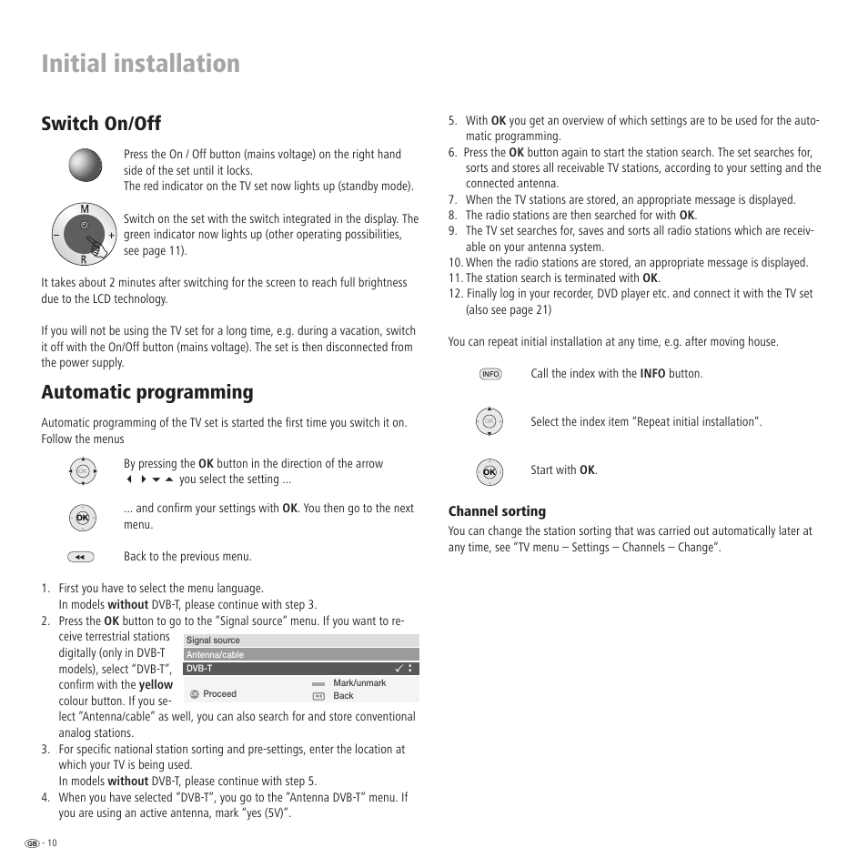 Initial installation, Switch on/off, Automatic programming | Loewe Xelos A 20 DVB-T User Manual | Page 10 / 28