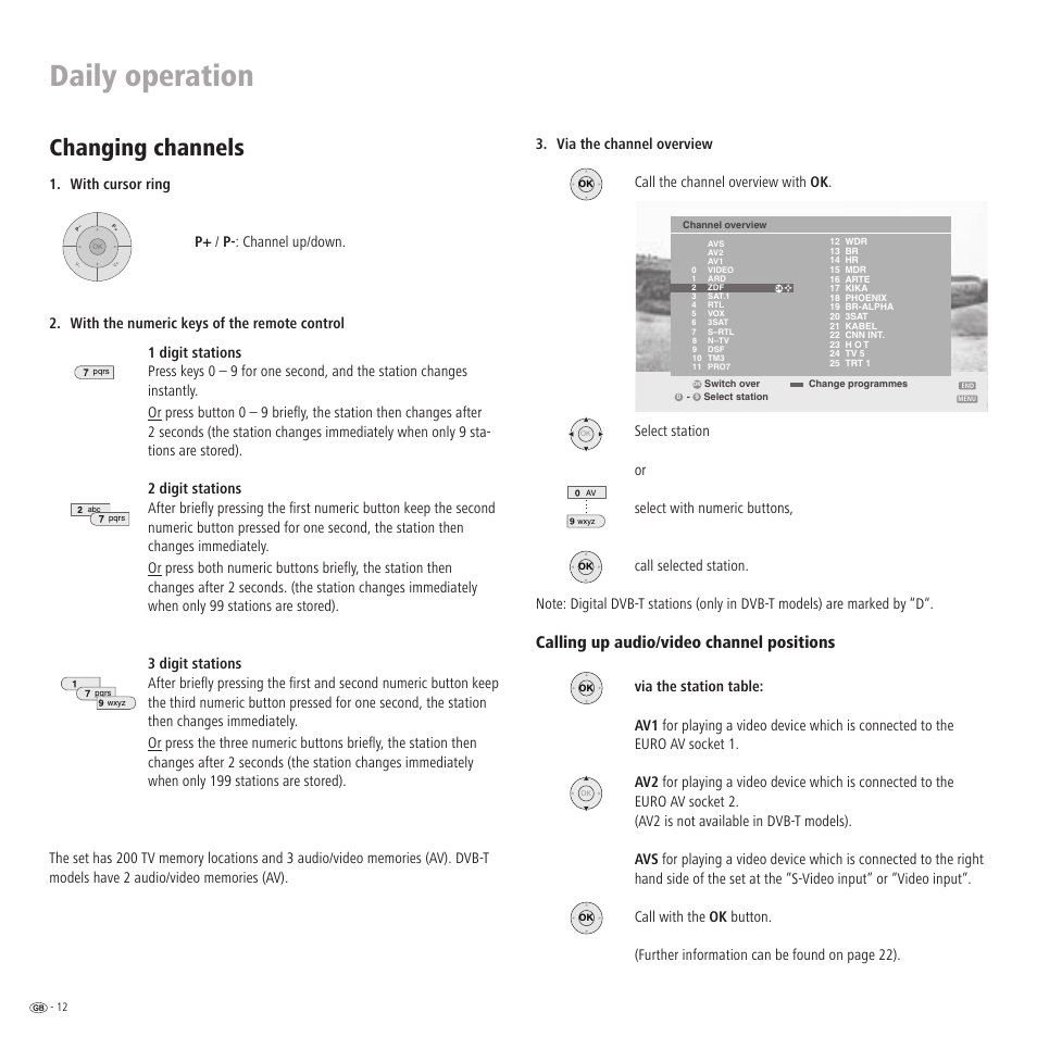 Daily operation, Changing channels, Calling up audio/video channel positions | Via the channel overview, Call the channel overview with ok . select station, Or select with numeric buttons, Call selected station, Via the station table, Further information can be found on page 22), With cursor ring p+ / p- : channel up/down | Loewe Xelos A 20 DVB-T User Manual | Page 12 / 28