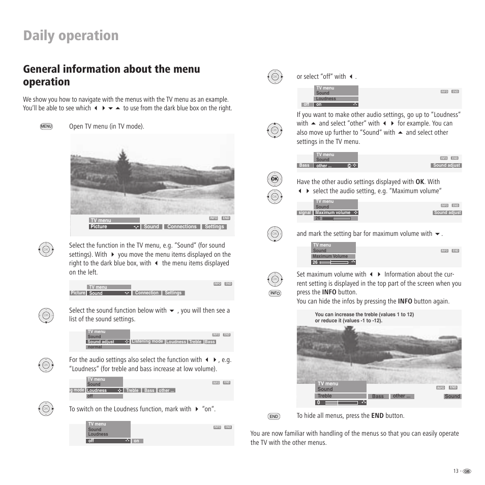 Daily operation, General information about the menu operation, Open tv menu (in tv mode) | Or select “off“ with, And mark the setting bar for maximum volume with | Loewe Xelos A 20 DVB-T User Manual | Page 13 / 28
