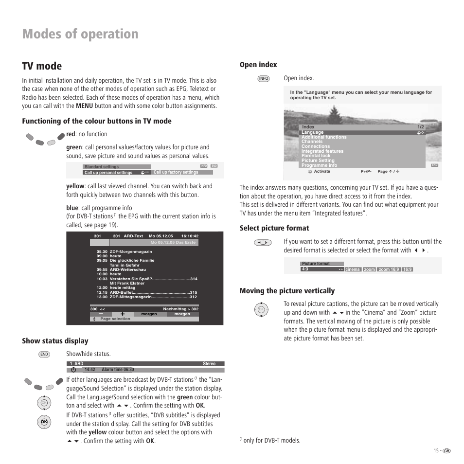Modes of operation, Tv mode, Functioning of the colour buttons in tv mode | Show status display, Open index, Select picture format, Moving the picture vertically, Show/hide status, If other languages are broadcast by dvb-t stations, Only for dvb-t models | Loewe Xelos A 20 DVB-T User Manual | Page 15 / 28