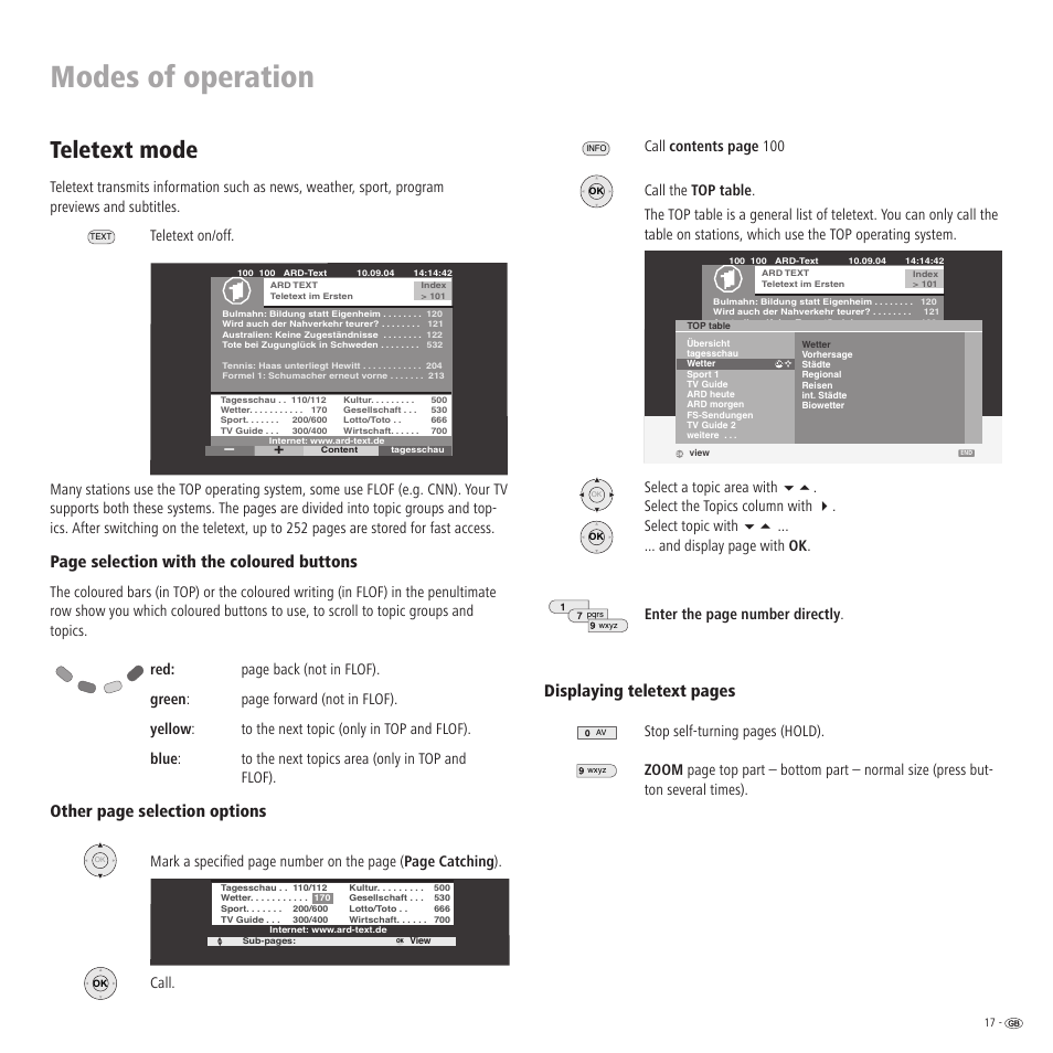 Modes of operation, Teletext mode, Page selection with the coloured buttons | Other page selection options, Displaying teletext pages, Call, Call contents page 100, Enter the page number directly, Stop self-turning pages (hold) | Loewe Xelos A 20 DVB-T User Manual | Page 17 / 28