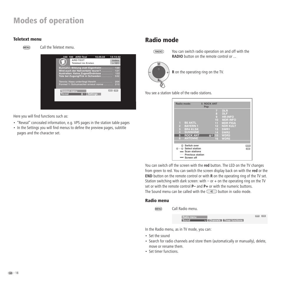 Modes of operation, Radio mode, Teletext menu | Radio menu, Call the teletext menu, Reveal, Call radio menu | Loewe Xelos A 20 DVB-T User Manual | Page 18 / 28