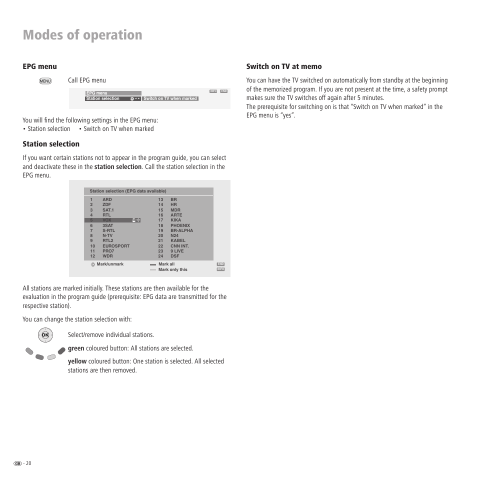 Modes of operation, Epg menu, Station selection | Loewe Xelos A 20 DVB-T User Manual | Page 20 / 28