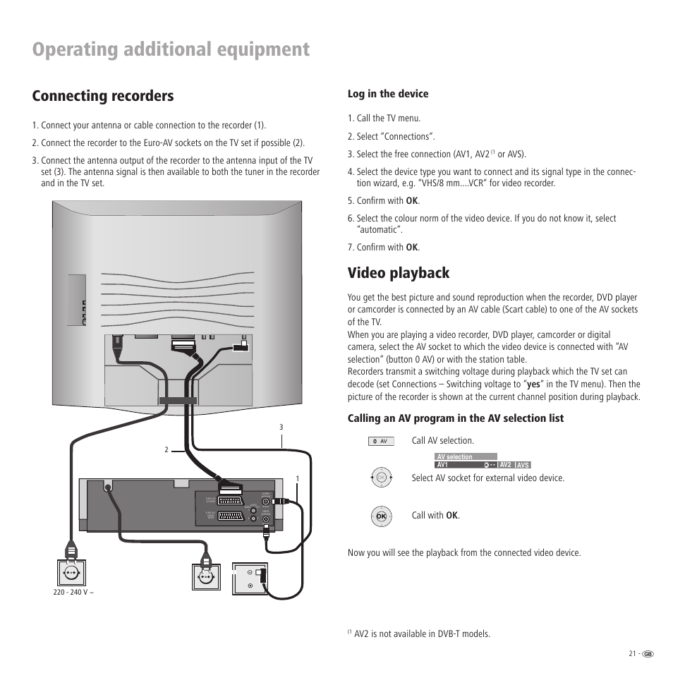 Operating additional equipment, Connecting recorders, Video playback | Log in the device, Calling an av program in the av selection list, Call av selection, Select av socket for external video device, Call with ok | Loewe Xelos A 20 DVB-T User Manual | Page 21 / 28