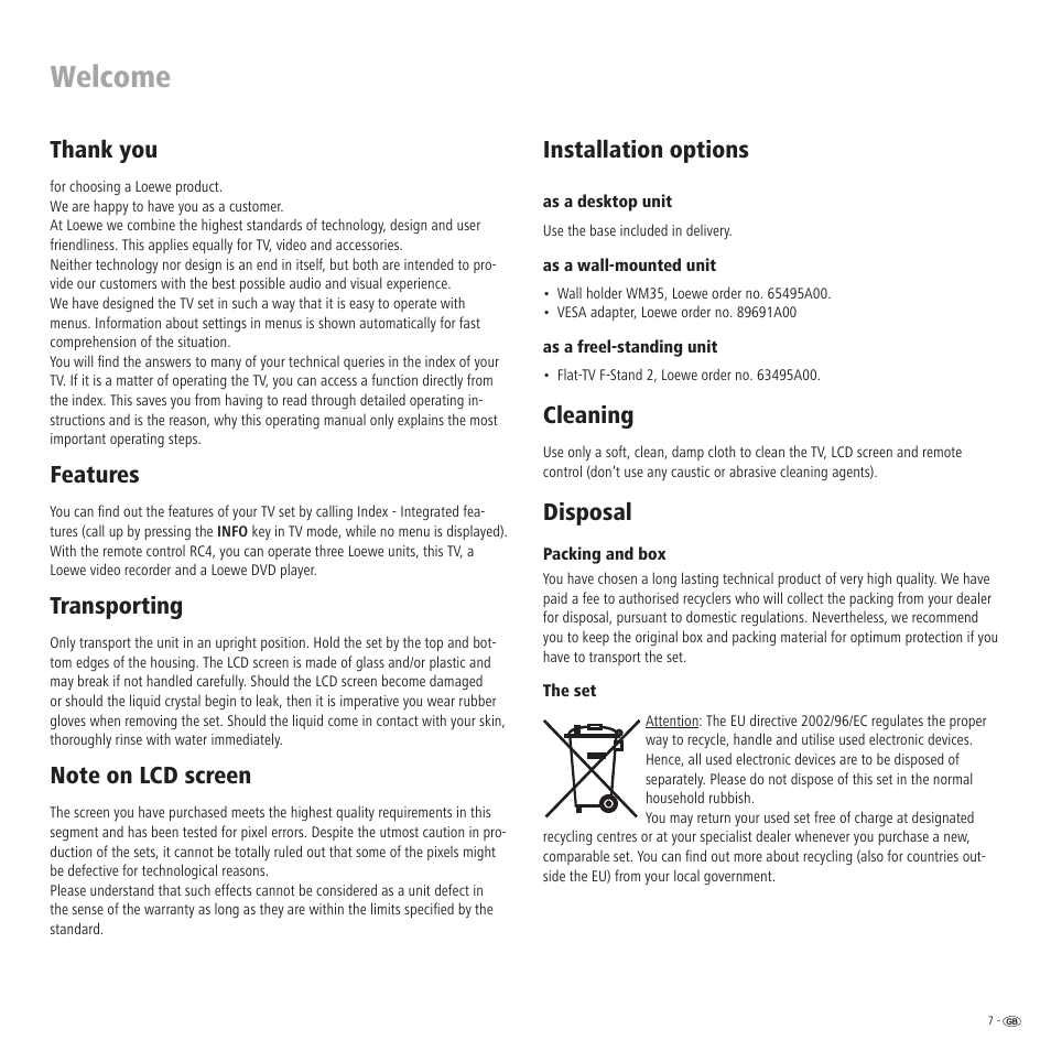 Welcome, Features, Transporting | Installation options, Cleaning, Disposal | Loewe Xelos A 20 DVB-T User Manual | Page 7 / 28