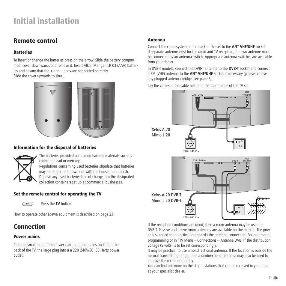 Initial installation, Remote control, Connection | Loewe Xelos A 20 DVB-T User Manual | Page 9 / 28
