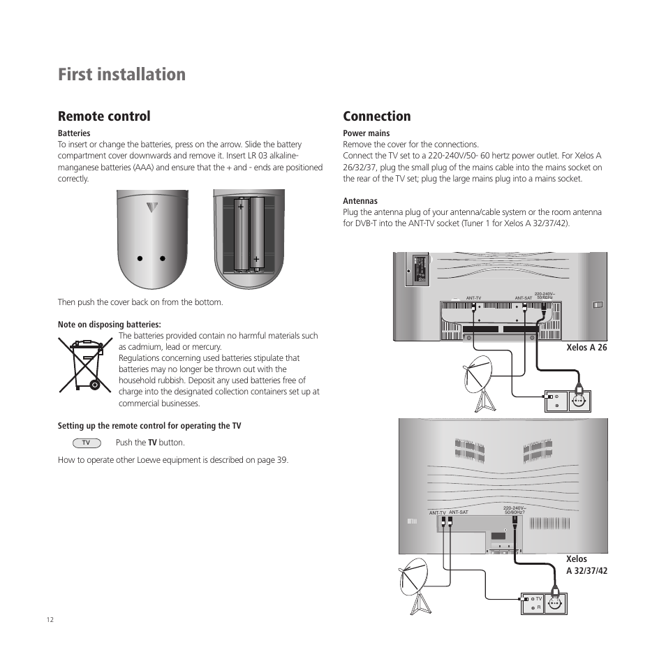 First installation, Remote control, Connection | Loewe A 37  EN User Manual | Page 12 / 46