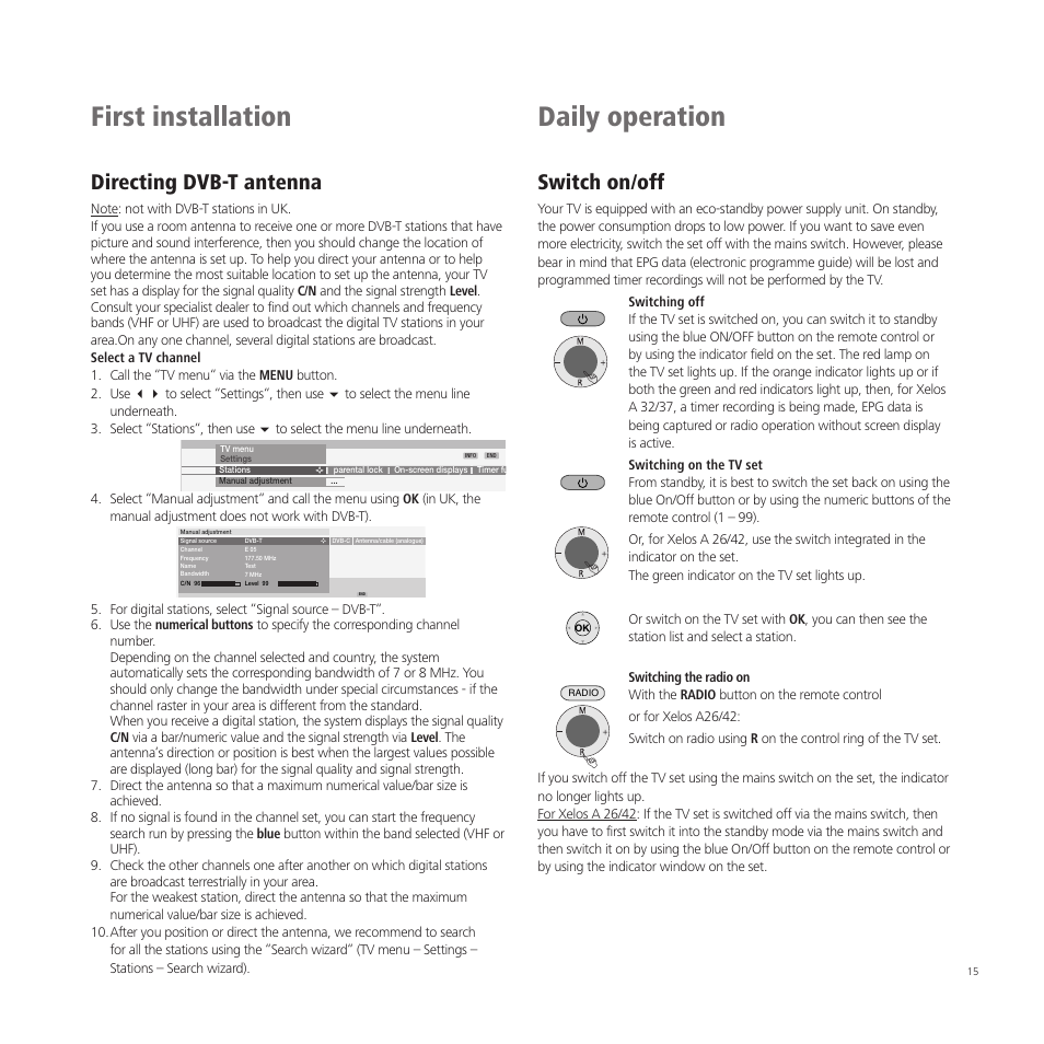 First installation, Daily operation, Directing dvb-t antenna | Switch on/off | Loewe A 37  EN User Manual | Page 15 / 46
