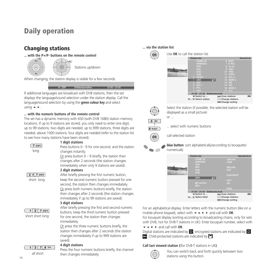Daily operation, Changing stations, Encrypted stations are indicated by | Long short long short short long all short | Loewe A 37  EN User Manual | Page 16 / 46