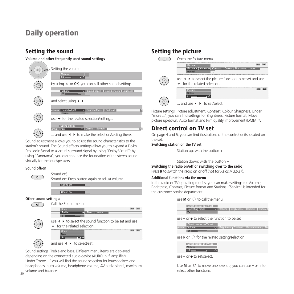 Daily operation, Setting the sound, Setting the picture | Direct control on tv set | Loewe A 37  EN User Manual | Page 20 / 46