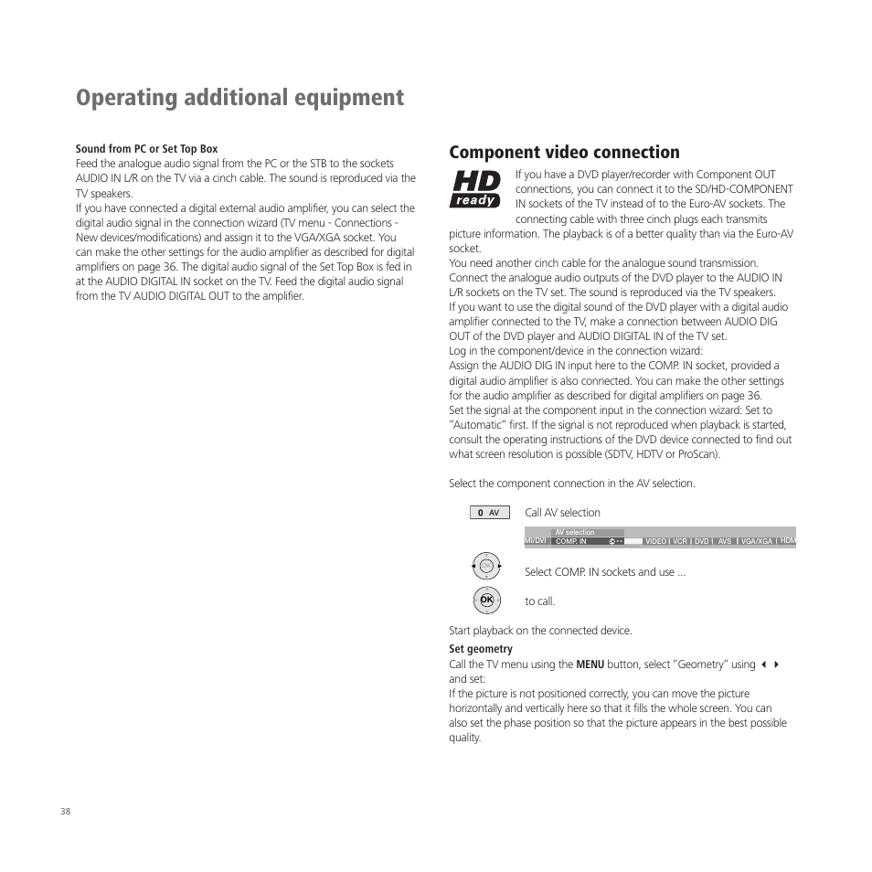 Operating additional equipment, Component video connection | Loewe A 37  EN User Manual | Page 38 / 46