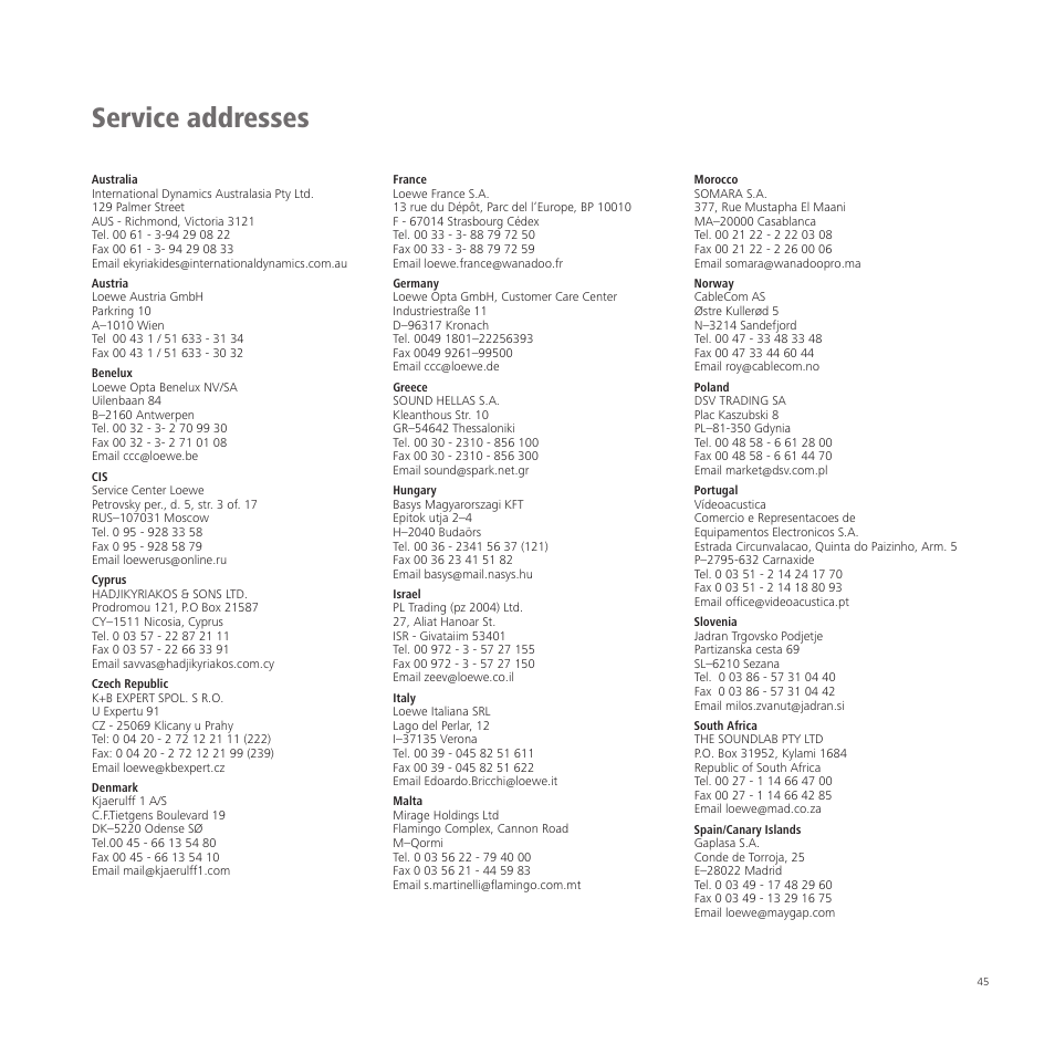 Service addresses | Loewe A 37  EN User Manual | Page 45 / 46