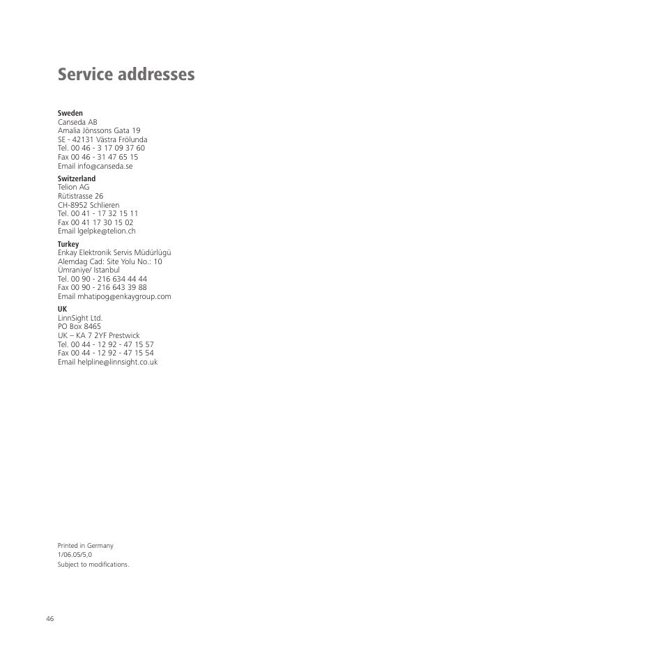 Service addresses | Loewe A 37  EN User Manual | Page 46 / 46