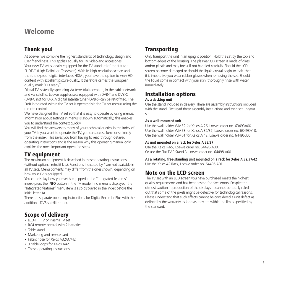 Welcome, Transporting, Installation options | Tv equipment, Scope of delivery | Loewe A 37  EN User Manual | Page 9 / 46