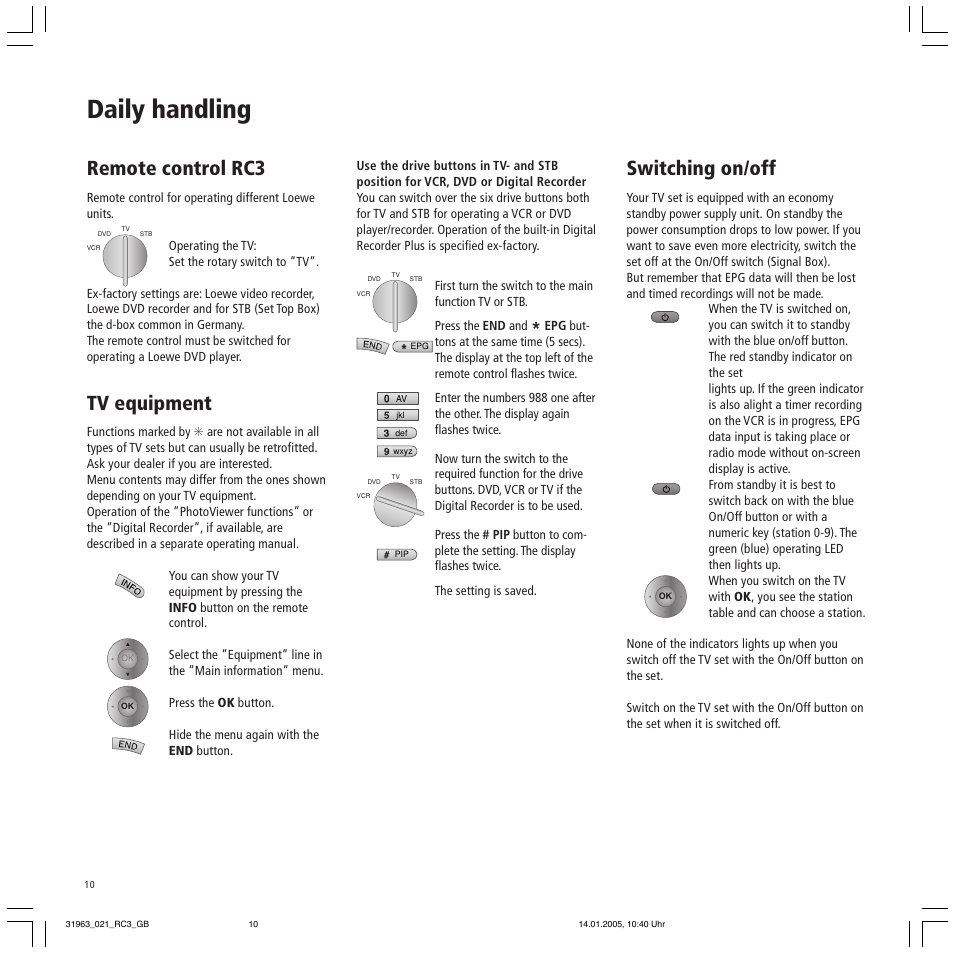 Daily handling, Remote control rc3, Tv equipment | Switching on/off | Loewe SL 37 HD User Manual | Page 10 / 44