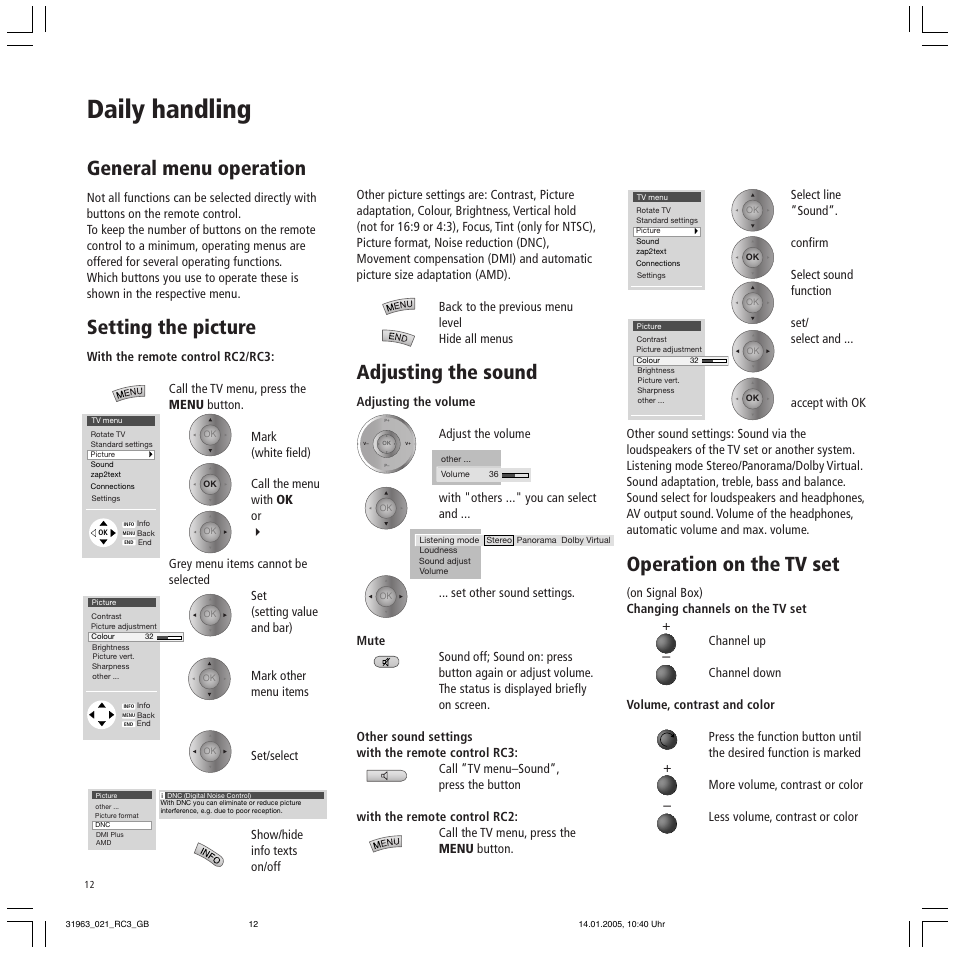 Daily handling, General menu operation, Setting the picture | Adjusting the sound, Operation on the tv set | Loewe SL 37 HD User Manual | Page 12 / 44