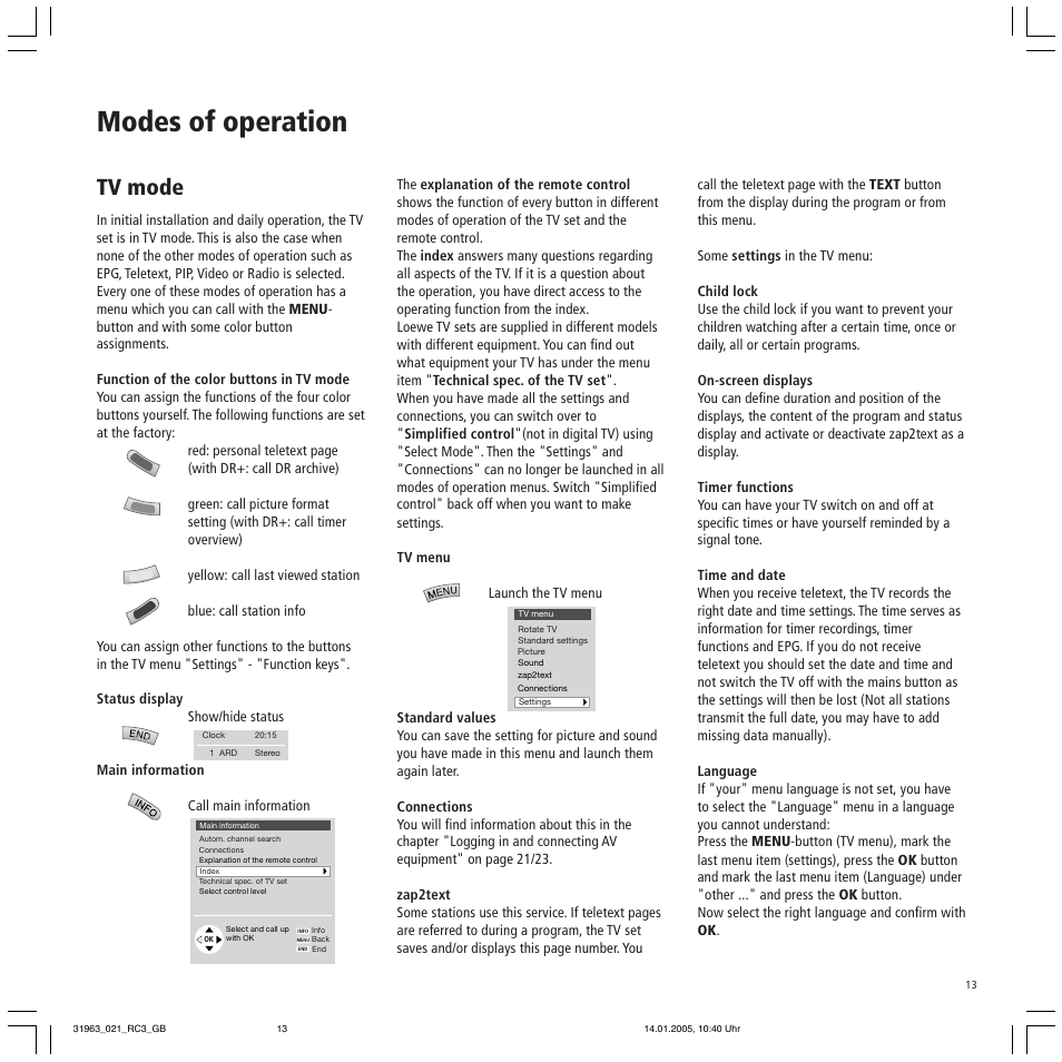 Modes of operation, Tv mode | Loewe SL 37 HD User Manual | Page 13 / 44